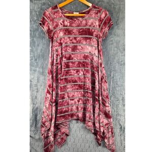 ODDY Womens Burgundy Tie‎ Dye Striped Handkerchief Hem Tunic Top Short Sleeve S